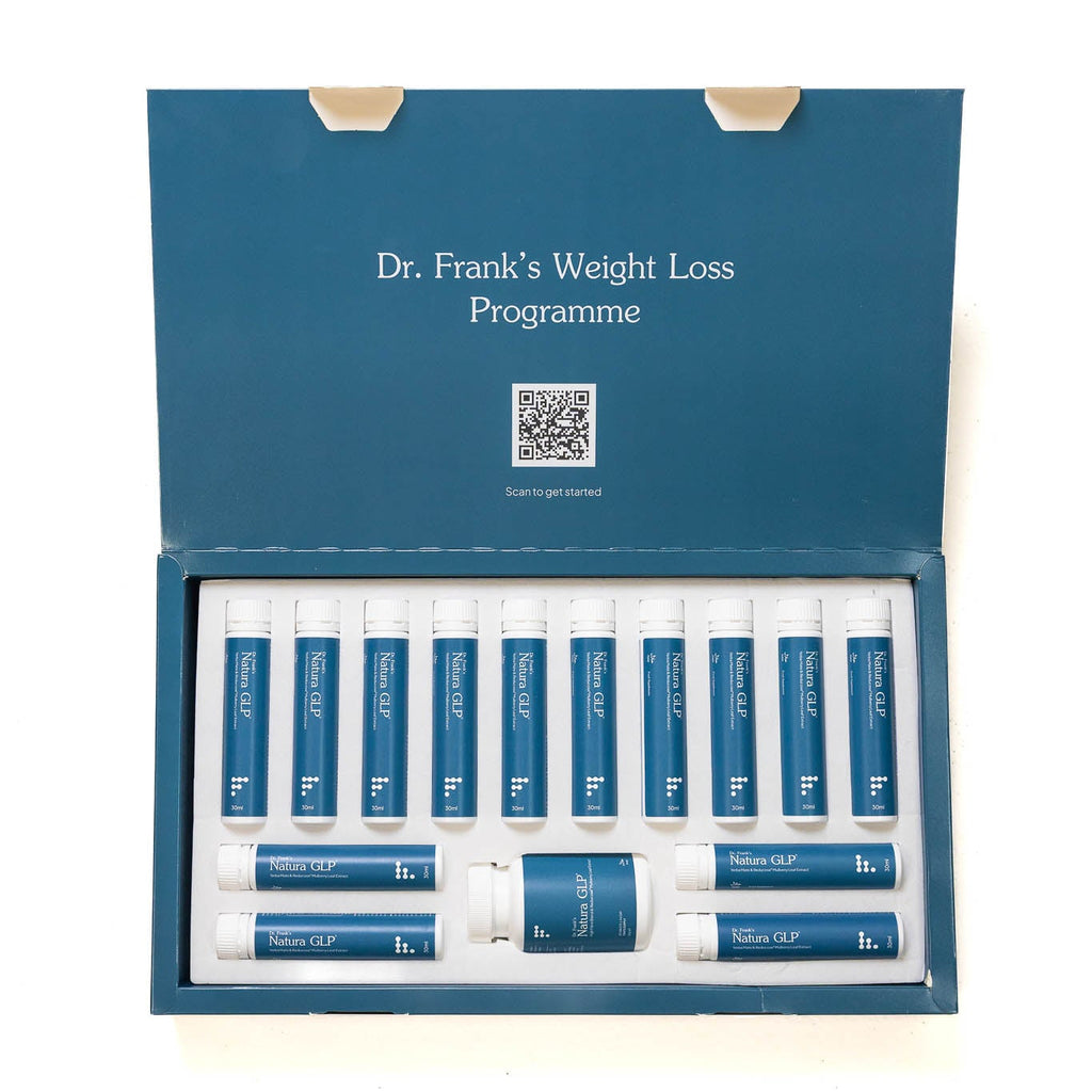 Set of Dr. Frank's Weight Loss Programme packets in a blue box on a white background