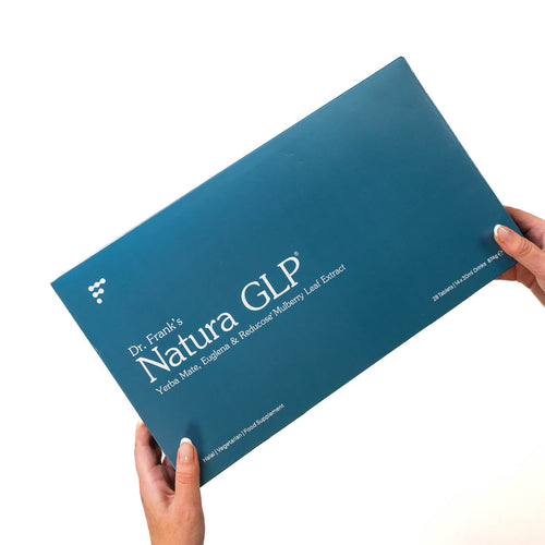 Blue box with 'Dr. Frank's Natura GLP' branding held by a person against a white background
